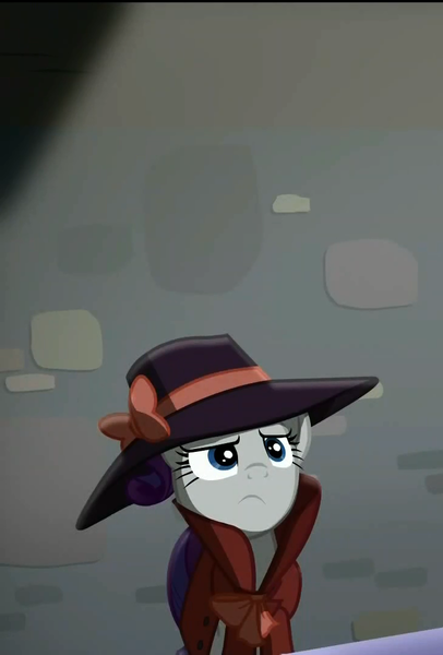 Size: 730x1080 | Tagged: safe, derpibooru import, screencap, rarity, pony, rarity investigates, clothes, cropped, detective, detective rarity, fedora, female, hat, mare, noir, solo, trenchcoat