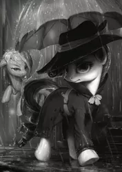 Size: 850x1200 | Tagged: safe, artist:assasinmonkey, derpibooru import, rainbow dash, rarity, pegasus, pony, unicorn, rarity investigates, clothes, detective rarity, fedora, floppy ears, frown, glare, hat, monochrome, noir, rain, trenchcoat, umbrella, unamused, wet, wet mane