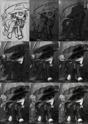 Size: 2040x2880 | Tagged: artist:assasinmonkey, art progress, clothes, derpibooru import, detective rarity, fedora, floppy ears, frown, glare, grayscale, hat, monochrome, progress, rain, rainbow dash, rarity, rarity investigates, safe, sketch, trenchcoat, umbrella, unamused, wet, wet mane, wip