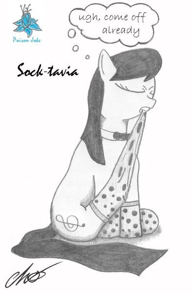 Size: 682x1037 | Tagged: artist:moonlightscribe, clothes, derpibooru import, dialogue, monochrome, newbie artist training grounds, octavia melody, poison joke, safe, socks, socktavia, solo, traditional art