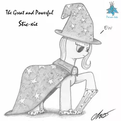 Size: 1000x1000 | Tagged: safe, artist:moonlightscribe, derpibooru import, trixie, pony, unicorn, dialogue, female, mare, monochrome, newbie artist training grounds, poison joke, pun, solo, traditional art