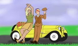 Size: 1440x858 | Tagged: 1920s, alternate hairstyle, applejack, armpits, artist:eve-ashgrove, automobile, car, cigarette, clothes, dark skin, derpibooru import, human, humanized, mary janes, rainbow dash, rainbow dash always dresses in style, roadster, safe, skirt, smoking, suit