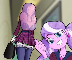 Size: 1152x961 | Tagged: suggestive, artist:ohohokapi, deleted from derpibooru, derpibooru import, diamond tiara, sweetie belle, equestria girls, friendship games, clothes, ear piercing, earring, green underwear, grin, jewelry, miniskirt, panties, piercing, pointing, school uniform, schoolgirl, selfie, skirt, smiling, socks, thigh highs, underwear, upskirt, zettai ryouiki