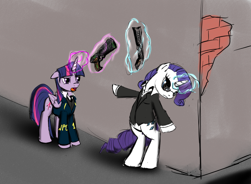 Size: 1451x1062 | Tagged: safe, artist:spacehunt, derpibooru import, rarity, twilight sparkle, twilight sparkle (alicorn), alicorn, pony, clothes, costume, crossover, detective, dominator, female, glasses, levitation, magic, mare, psycho pass, sketch