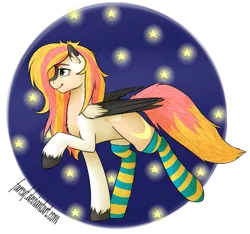 Size: 925x864 | Tagged: safe, artist:farcuf, derpibooru import, oc, oc:niki, unofficial characters only, pegasus, pony, banana, clothes, socks, solo, stars, striped socks