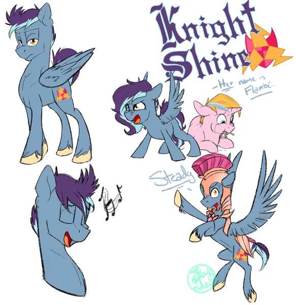 Size: 2909x3000 | Tagged: artist:farewelldecency, derpibooru import, guard, oc, oc:flambé, oc:knight shine, offspring, parent:flash sentry, parents:flashimmer, parents:flashlight, parents:flashlightshimmer, parent:sunset shimmer, parent:twilight sparkle, reference sheet, safe, transgender, unofficial characters only