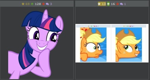 Size: 513x274 | Tagged: safe, derpibooru import, applejack, twilight sparkle, derpibooru, games ponies play, exploitable meme, juxtaposition, juxtaposition win, meme, meta