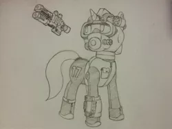 Size: 2048x1536 | Tagged: artist needed, safe, derpibooru import, oc, oc:francium, unofficial characters only, pony, unicorn, fallout equestria, fallout equestria: ouroboros, environmental suit, gun, monochrome, solo, traditional art