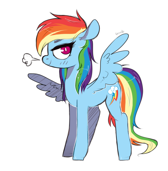 Size: 600x609 | Tagged: safe, artist:sevedie, derpibooru import, rainbow dash, pegasus, pony, backwards cutie mark, female, mare, signature, simple background, snorting, solo, spread wings, white background, wings