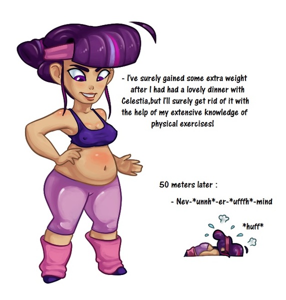 Size: 628x659 | Tagged: suggestive, artist:cuprumrus, derpibooru import, twilight sparkle, human, armpits, belly, belly button, breasts, busty twilight sparkle, chubby, cleavage, clothes, comic, fat, female, gilligan cut, hips, humanized, midriff, plump, solo, solo female, sports bra, thighlight sparkle, thighs, twibutt, twilard sparkle, workout