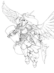 Size: 3519x4739 | Tagged: alicorn, anthro, armor, artist:longinius, derpibooru import, fire, grayscale, lineart, monochrome, princess celestia, safe, shield, solo, sword, unguligrade anthro, warrior celestia, wip