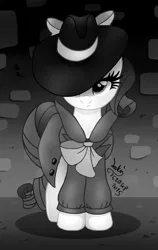 Size: 950x1500 | Tagged: artist:joakaha, clothes, derpibooru import, detective rarity, hat, monochrome, rarity, rarity investigates, safe, solo