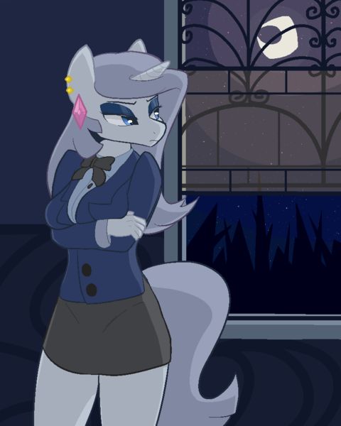 Size: 800x1000 | Tagged: safe, artist:pashoo, deleted from derpibooru, derpibooru import, oc, oc:platinum decree, unofficial characters only, anthro, unicorn, anthro oc, clothes, crossed arms, earring, eyeshadow, frown, glare, makeup, miniskirt, moon, piercing, skirt, solo, unamused, window