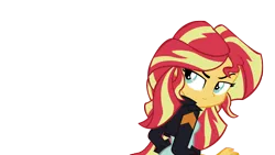 Size: 2560x1440 | Tagged: safe, artist:ngrycritic, derpibooru import, edit, vector edit, sunset shimmer, equestria girls, friendship games, clothes, inverted mouth, leather jacket, raised eyebrow, simple background, solo, transparent background, vector