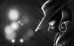 Size: 2000x1250 | Tagged: artist:nemo2d, derpibooru import, detective rarity, grayscale, monochrome, neo noir, noir, partial color, rain, rarity, rarity investigates, safe, solo