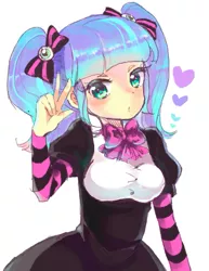 Size: 529x685 | Tagged: safe, artist:weiliy, derpibooru import, pixel pizazz, equestria girls, bow, female, hair bow, heart, looking at you, peace sign, pigtails, simple background, solo, twintails, white background