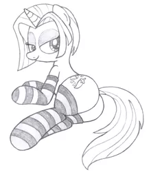 Size: 2200x2500 | Tagged: artist:an-tonio, cayenne, clothes, derpibooru import, female, monochrome, plot, socks, solo, solo female, striped socks, suggestive, traditional art