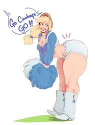 Size: 1733x2285 | Tagged: applebucking thighs, applebutt, applejack, artist:sundown, ass, breasts, cheerleader, cleavage, clothes, dallas cowboys, derpibooru import, dialogue, female, halter top, human, humanized, impossibly large butt, impossibly large thighs, midriff, open mouth, pom pom, shorts, solo, solo female, speech bubble, suggestive, thighs