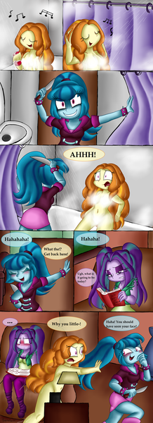 Size: 1024x2816 | Tagged: suggestive, artist:queentigrel, derpibooru import, adagio dazzle, aria blaze, sonata dusk, equestria girls, belly button, book, censored, clothes, comic, fanfic art, image, knife, nudity, png, prank, psycho, psychonata dusk, running, shower, showering, singing, skirt, strategically covered, the dazzlings, why you little