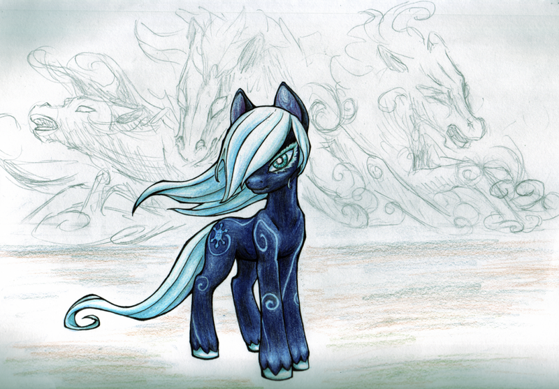 Size: 900x627 | Tagged: safe, artist:shaudo, derpibooru import, oc, oc:diamond dust, unofficial characters only, pony, windigo, blue, eyelashes, female, long mane, long tail, mare, snowflake, solo, standing, unhappy, unshorn fetlocks