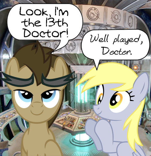 Size: 655x680 | Tagged: safe, derpibooru import, derpy hooves, doctor whooves, time turner, pony, attack eyebrows, doctor who, eyebrows, male, peter capaldi, stallion, tardis, twelfth doctor