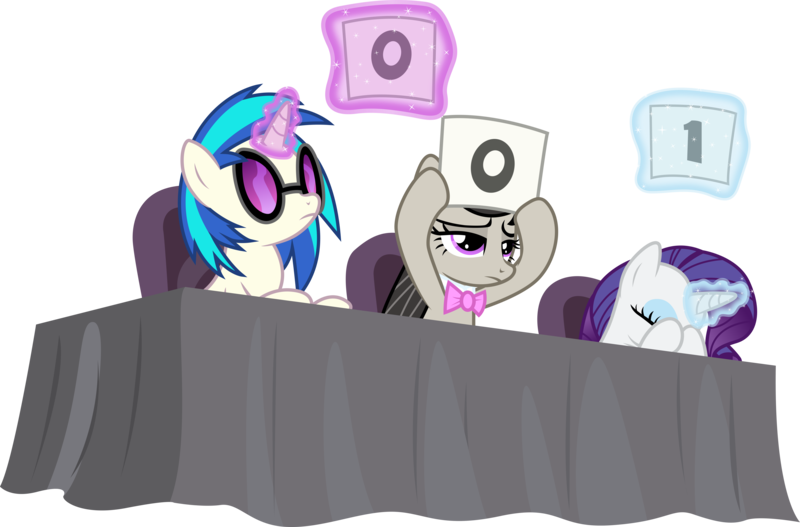 Size: 8544x5632 | Tagged: safe, artist:illumnious, derpibooru import, octavia melody, rarity, vinyl scratch, earth pony, pony, unicorn, bloom and gloom, .svg available, absurd resolution, background pony, bowtie, card, covering eyes, dream, eyes closed, female, glowing horn, hoof hold, hooves, horn, judges, levitation, magic, mare, numbers, ponyscape, simple background, sunglasses, table, telekinesis, transparent background, vector
