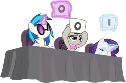 Size: 8544x5632 | Tagged: safe, artist:illumnious, derpibooru import, octavia melody, rarity, vinyl scratch, earth pony, pony, unicorn, bloom and gloom, .svg available, absurd resolution, background pony, bowtie, card, covering eyes, dream, eyes closed, female, glowing horn, hoof hold, hooves, horn, judges, levitation, magic, mare, numbers, ponyscape, simple background, sunglasses, table, telekinesis, transparent background, vector