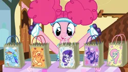 Size: 1364x768 | Tagged: alternate hairstyle, clothes, costume, customized, derpibooru import, headband, nightmare night, nightmare night costume, paper bag, pinkie pie, pinkie puffs, roller skates, safe, scare master, screencap, sugarcube corner