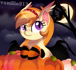 Size: 1280x1195 | Tagged: safe, artist:spookyle, derpibooru import, oc, oc:pumpkin patch, unofficial characters only, bat, bat pony, pony, clothes, costume, moon, night, nightmare night, nightmare night costume, pumpkin, socks, solo, striped socks