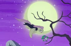 Size: 531x346 | Tagged: safe, derpibooru import, screencap, fluttershy, bat pony, pony, scare master, clothes, costume, cropped, dress, female, flutterbat, flutterbat costume, flying, full moon, head, implied spike, mare, moon, night, nightmare night, nightmare night costume