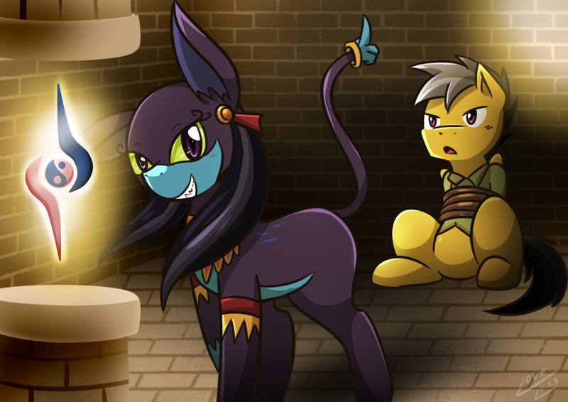 Size: 1131x800 | Tagged: suggestive, artist:vavacung, derpibooru import, part of a set, ahuizotl, daring do, pegasus, pony, comic:treasure hunt, ahuizota, bondage, darizotl, dashing do, dashingzota, female, femdom, magical artifact, male, middle finger, my little pony, part of a series, rope, rule 63, shipping, stallion, story included, straight, vulgar