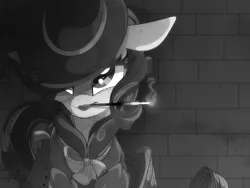 Size: 8000x6000 | Tagged: absurd resolution, artist:elskafox, cigarette, cigarette holder, derpibooru import, detective rarity, grayscale, hat, lipstick, monochrome, rarity, rarity investigates, safe, smoking, solo