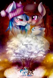 Size: 683x1000 | Tagged: safe, artist:limreiart, derpibooru import, octavia melody, vinyl scratch, fanfic:university days, boots, clothes, crying, fanfic art, female, happy, lesbian, scarf, scratchtavia, shipping, snow, tree