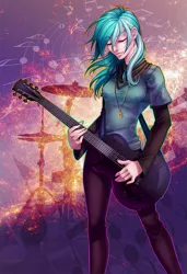 Size: 683x1000 | Tagged: artist:limreiart, derpibooru import, electric guitar, eyes closed, fanfic, fanfic:anthropology, fanfic art, female, guitar, human, humanized, lyra heartstrings, musical instrument, music notes, safe, solo