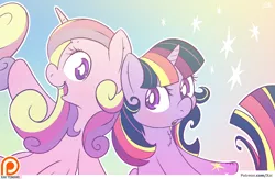 Size: 1280x832 | Tagged: safe, artist:fluffyxai, derpibooru import, princess cadance, twilight sparkle, twilight sparkle (alicorn), alicorn, pony, cute, cutedance, female, looking at you, mare, open mouth, patreon, patreon logo, rainbow power, twiabetes
