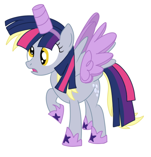 Size: 482x504 | Tagged: safe, artist:karmadash, derpibooru import, derpy hooves, twilight sparkle, twilight sparkle (alicorn), alicorn, pony, scare master, alicorn costume, clothes, costume, derpicorn, fake horn, fake wings, female, frown, mare, nightmare night, nightmare night costume, open mouth, raised hoof, simple background, solo, spread wings, that was fast, toilet paper roll, toilet paper roll horn, transparent background, twilight muffins, twilight sparkle costume, vector, wig