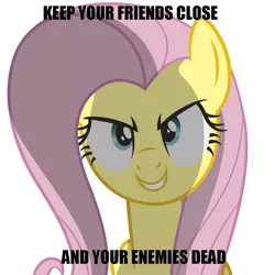 Size: 1024x1024 | Tagged: artist:delzepp, assertive, assertive fluttershy, badass, derpibooru import, evil, evilshy, fluttershy, image macro, meme, semi-grimdark, solo