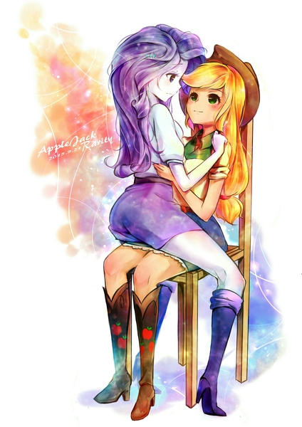 Size: 1240x1754 | Tagged: safe, artist:murasaki-to, derpibooru import, applejack, rarity, equestria girls, blushing, chair, clothes, cowboy hat, denim skirt, female, hat, lesbian, pixiv, rarijack, rearity, shipping, skirt, stetson, straddling