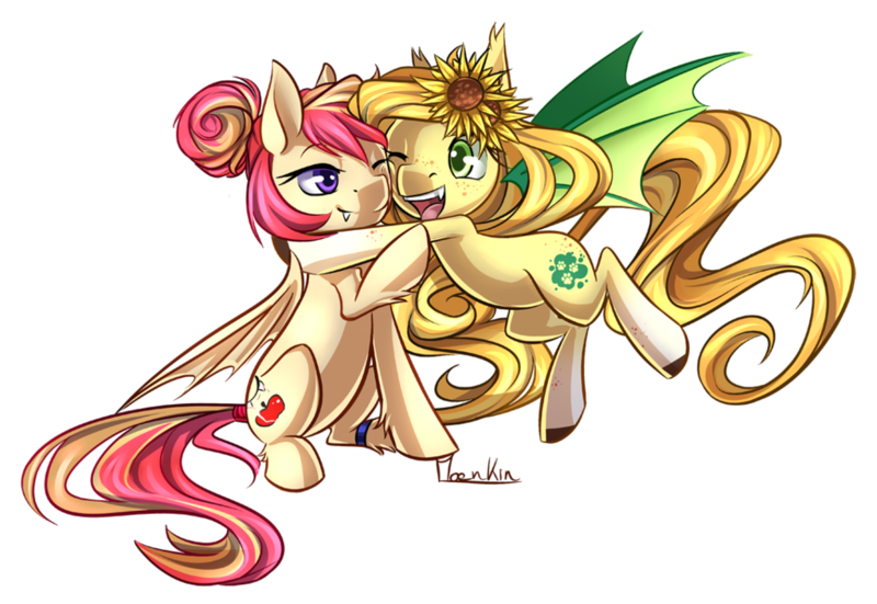 Size: 1024x705 | Tagged: safe, artist:moenkin, derpibooru import, oc, oc:apple bite, oc:sunflower meadows, unofficial characters only, bat pony, pony, cuddling, cute, female, lesbian, oc x oc, one eye closed, shipping, simple background, snuggling, transparent background, unshorn fetlocks, wink