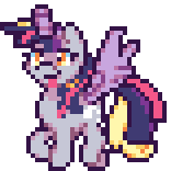 Size: 156x156 | Tagged: safe, artist:mrponiator, derpibooru import, derpy hooves, twilight sparkle, twilight sparkle (alicorn), alicorn, pony, scare master, :p, alicorn costume, animated, clothes, costume, cute, derpabetes, derpicorn, fake horn, fake wings, female, mare, nightmare night costume, pixel art, prancing, princess, season 5 pixel art, simple background, smiling, solo, that was fast, toilet paper roll, toilet paper roll horn, tongue out, transparent background, twilight muffins, twilight sparkle costume, weapons-grade cute, wig