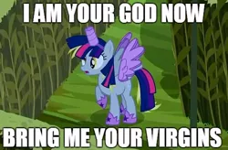 Size: 494x324 | Tagged: safe, derpibooru import, derpy hooves, pegasus, pony, scare master, alicorn costume, bring me your virgins, clothes, costume, fake horn, fake wings, female, i am your god now bring me your virgins, image macro, mare, meme, nightmare night costume, toilet paper roll, toilet paper roll horn, twilight muffins, wig