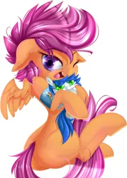 Size: 858x1200 | Tagged: safe, artist:knifeh, derpibooru import, scootaloo, oc, oc:nife, armband, blushing, plushie, solo, wings