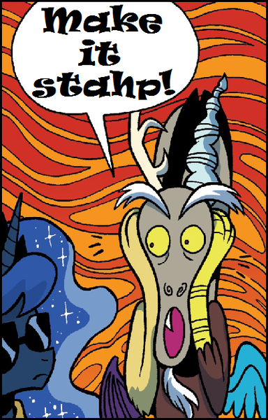 Size: 401x627 | Tagged: derpibooru import, discord, exploitable meme, idw, meme, princess luna, safe, screamcord, the scream