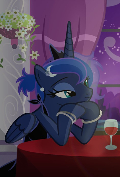 Size: 468x691 | Tagged: safe, artist:bluse, derpibooru import, edit, princess luna, alicorn, pony, bedroom eyes, bracelet, clothes, cropped, dress, female, jewelry, mare, show accurate, smiling, solo, wine