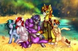Size: 1707x1110 | Tagged: safe, artist:limreiart, derpibooru import, oc, oc:allen sparkle, oc:onyx wing, oc:silvia rhea wing, unofficial characters only, pegasus, pony, unicorn, 2013, autumn, cute, female, filly, hug, ocbetes, royal guard, sitting, wings