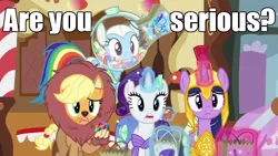 Size: 960x540 | Tagged: safe, derpibooru import, edit, edited screencap, screencap, applejack, rainbow dash, rarity, twilight sparkle, twilight sparkle (alicorn), alicorn, mermaid, pony, scare master, applelion, astrodash, astronaut, athena sparkle, candy, clothes, costume, female, image macro, mare, meme, mermarity, nightmare night, nightmare night costume, reaction image