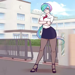 Size: 1802x1803 | Tagged: alternate hairstyle, artist:scorpdk, breasts, busty princess celestia, clothes, crossed arms, derpibooru import, female, glasses, high heels, human, humanized, looking at you, pantyhose, ponytail, princess celestia, principal celestia, skirt, smiling, solo, solo female, suggestive, watch, wristwatch