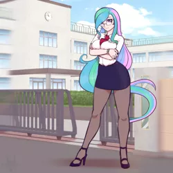 Size: 1802x1803 | Tagged: artist:scorpdk, breasts, busty princess celestia, clothes, crossed arms, derpibooru import, female, full body, glasses, high heels, human, humanized, legs, looking at you, pantyhose, princess celestia, principal celestia, skirt, smiling, solo, solo female, suggestive, watch, wristwatch