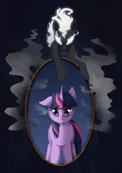 Size: 2480x3508 | Tagged: artist:skjolty, cover art, derpibooru import, fanfic, fanfic art, fanfic cover, fanfic:inner glory, inner glory, mirror, mirrored, mirror universe, oc, oc:lustrous revolt, oc:thael godsrin, safe, smoke, twilight sparkle