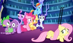 Size: 1490x884 | Tagged: safe, derpibooru import, screencap, applejack, fluttershy, pinkie pie, rainbow dash, rarity, spike, twilight sparkle, twilight sparkle (alicorn), alicorn, dragon, earth pony, pegasus, pony, unicorn, scare master, 1000 words, clothes, costume, derp, female, flutterderp, i've seen some shit, library, male, mane seven, mane six, mare